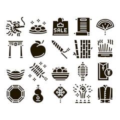 Chinese New Year Feast Glyph Set Vector. Chinese Traditional Hat And Clothes, Dragon And Gate, Lantern And Fireworks Glyph Pictograms Black Illustrations