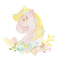 Watercolor illustration unicorn head with yellow horn and mane.  White isolated background.