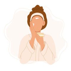 Skin care routine. Woman in bathrobe applying cream on her face. Cute cartoon hand drawn vector illustration in flat style isolated on white.