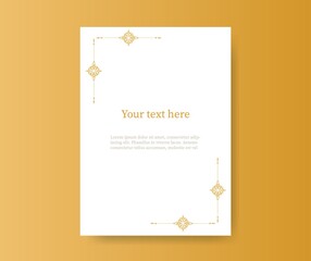 A4 sheet with vintage frame template. Retro banner ornate with gold ornaments blank center for your text diary note for annotations magazine schedule with Victorian lace elegant vector vignette.