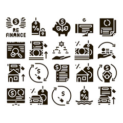 Refinance Financial Glyph Set Vector. Mortgage And Credit Car, Debt Obligation And Property, Money Cash And Percent Refinance Glyph Pictograms Black Illustrations