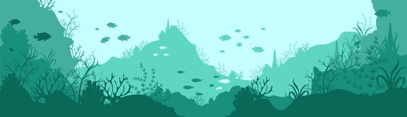 Fototapeta na wymiar Green underwater world silhouette background. Deep seaweed corals growing on rocks and hills tropical fish swimming in small schools natural aquatic vector landscape with beautiful ecosystem.