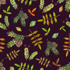 Watercolor seamless pattern illustrated autumn leaves and pine cone on dark background