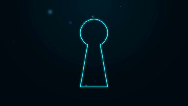 Glowing neon line Keyhole icon isolated on black background. Key of success solution. Keyhole express the concept of riddle, secret, safety, security. 4K Video motion graphic animation.