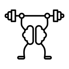 Vector high quality funny line icon illustration of a brain lifting a barbell. Brain training concept icon isolated on white background