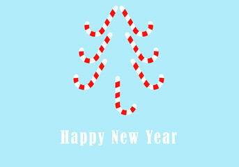 Christmas tree made of candy cane and Happy New Year lettering on blue background.