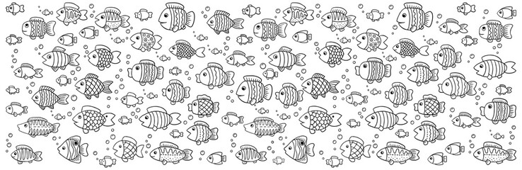 Simple horizontal banner. Vector coloring cute doodle fish. Line art on white background