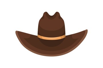 Brown cowboy hat decorated with golden ribbon vector flat illustration. Colorful male headdress in country or western style isolated on white. Fashionable head accessory for rancher or rodeo