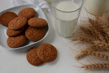 Chocolate chip cookies  with milk on white background