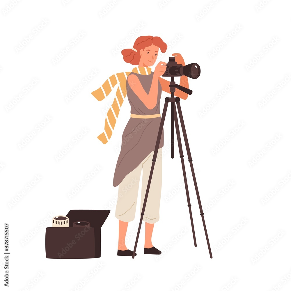 Wall mural woman professional photographer take photo use camera on tripod vector flat illustration. female pho