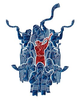 men blowing shofar horns, blue and red clip art preview