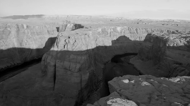 Aerial view of Horseshoe Bend and Colorado River in black and white, Arizona