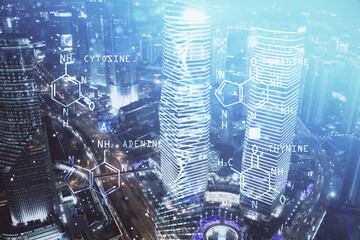 Double exposure of DNA drawing and cityscape background. Concept of education.