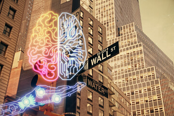 Brain hologram drawing on cityscape background multi exposure. Ai in modern city concept.