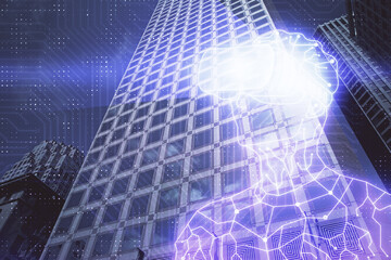 Double exposure of AR people drawing and cityscape background. Concept of augmented reality.