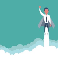 Businessman superhero flies up and leaves a cloud of dust. Super worker in the cloak takes off. Business concept of power and uniqueness. Vector flat design illustration.