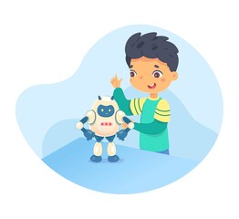 Kid playing with robot from laptop. Weekend hobby activities vector. Smart children having fun illustration