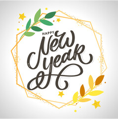 Happy New Year 2021 Beautiful greeting card poster with calligraphy black text word gold fireworks. Hand drawn design elements. Handwritten modern brush lettering white background isolated vector