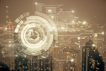 Data theme hologram drawing on city view with skyscrapers background double exposure. Ai concept.