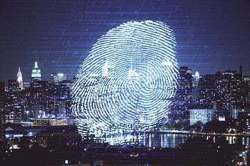 Double exposure of finger print hologram and cityscape background. Concept of personal security.