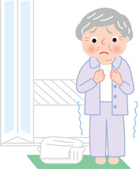 寒い風呂場で着替えるシニア女性