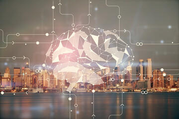 Brain hologram drawing on city scape background Double exposure. Brainstorming concept.