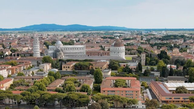 Amazing aerial view of Pisa, famous town of Tuscany. Slow motion