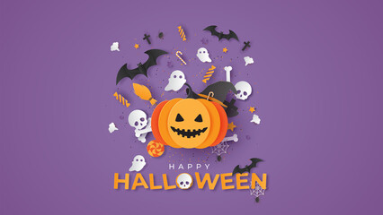 Happy Halloween banner or party invitation background. Graphic design for Halloween festival. Greeting card for celebration on Halloween. Cute Halloween. paper cut and craft style. vector