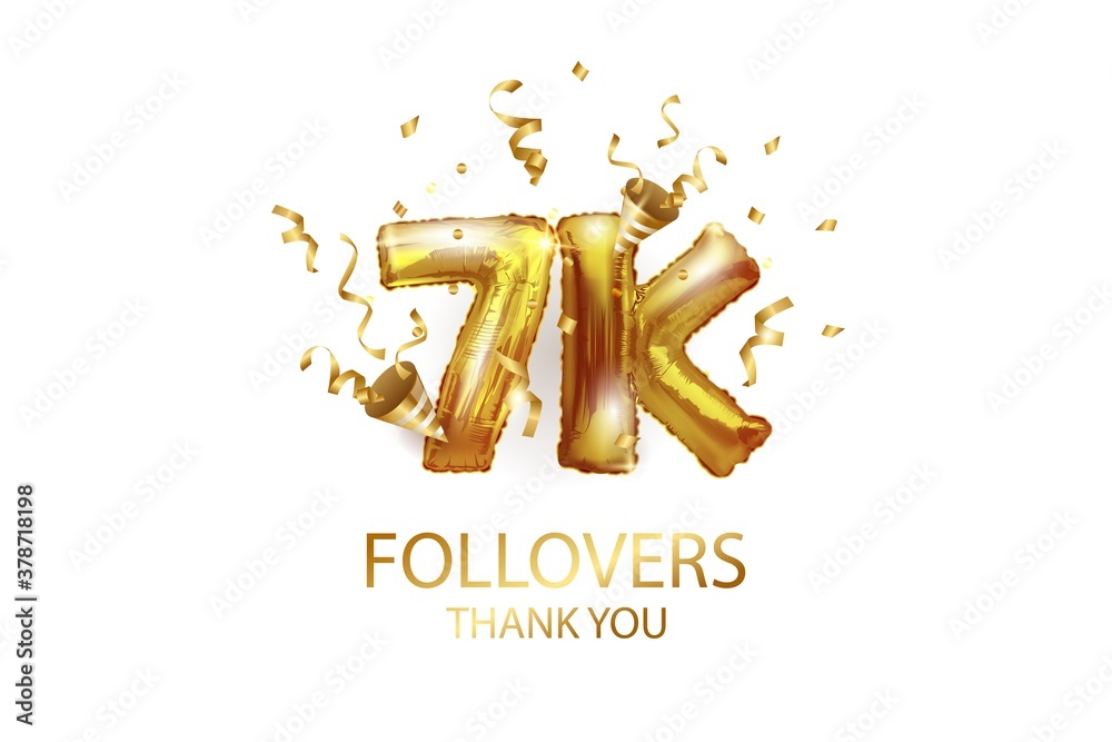 Wall mural 7 thousand. Thank you, followers. 3D vector illustration for blog or post design. 7K gold sign made of foil gold balls with confetti on a white background. Holiday banner in social networks. - Wall murals
