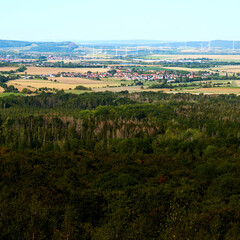 Fototapeta na wymiar View over the dense green forest in the Harz Mountains to a village near Bad Harzburg with wind turbines in the background