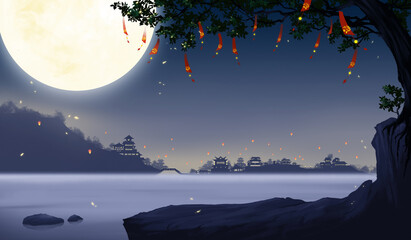 Wishing tree scene in the ancient city. Martial arts concept illustration