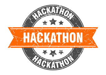 hackathon round stamp with ribbon. label sign