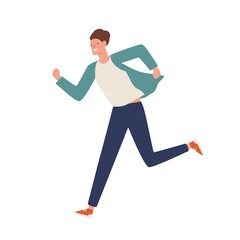 Smiling casual man running away vector flat illustration. Happy young guy hustle or hurry isolated on white background. Funny active male moving fast. Excited person move in rush