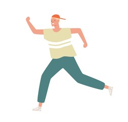 Funny male teenager in cap and sportswear running or moving fast vector flat illustration. Smiling boy jogging enjoying healthy lifestyle isolated. Happy teen having outdoor sports activity