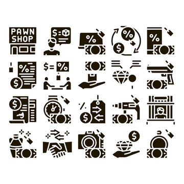 Pawnshop Exchange Glyph Set Vector. Pawnshop Building And Handshake, Laptop And Phone, Photo Camera And Jewelry Stone Glyph Pictograms Black Illustrations