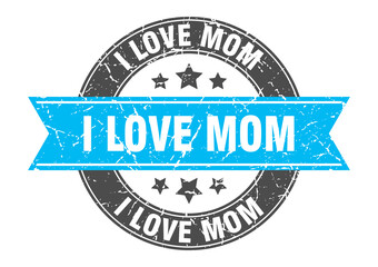 i love mom round stamp with ribbon. label sign