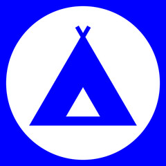 Blue tent or camping sign or symbol inside of a white circle set against a blue background