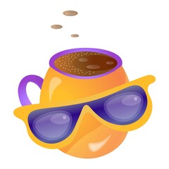 Cute cartoon orange coffee mug with purple glasses.
Vector isolated illustration on white background.