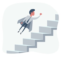 Fototapeta premium Super businessman flies up the stairs, superhero employee climbs the stairs, business concept of career growth and success. Vector flat design illustration.