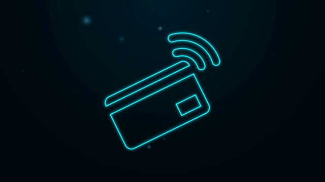 Glowing neon line Contactless payment with nfc card icon isolated on black background. Card with radio wave sign. Credit card payment. 4K Video motion graphic animation.