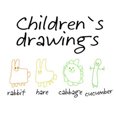 Childrens drawings. Rabbit, hare, cabbage and cucumber.