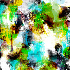 Abstract digital artwork with grunge and textured elements and bright colors
