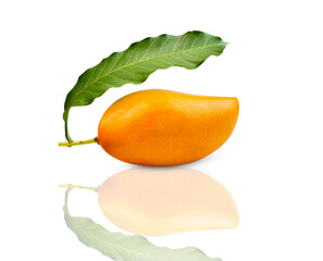 Delicious ripe mango with green leaf on white background.