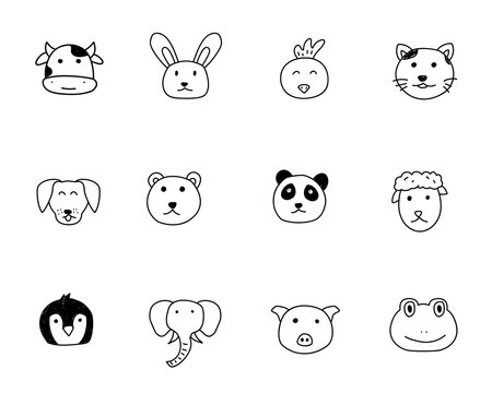 Set of cute hand drawn animals face doodle vector illustration with black color isolated on white background 