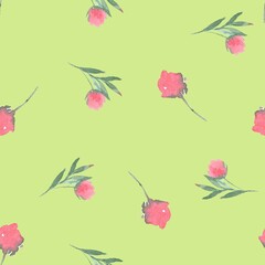 Seamless pattern of watercolor pink peony buds on a light green background. Can be used for backgrounds, prints on fabric, paper.