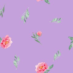 Seamless pattern of watercolor pink peonies on a purple, lilac, lavender background. Can be used for backgrounds, prints on fabric, paper.