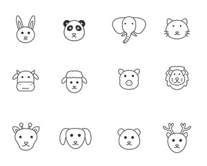 Set of animals face vector illustration with simple black line style isolated on white background. Animal icons 