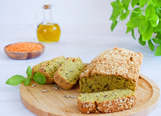 Healthy lentil quinoa and flax seed bread - Homemade Gluten Free Bread. Freshly baked vegan bread.