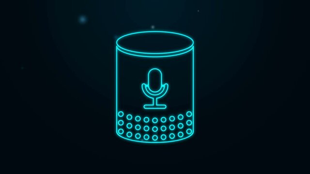 Glowing neon line Voice assistant icon isolated on black background. Voice control user interface smart speaker. 4K Video motion graphic animation.