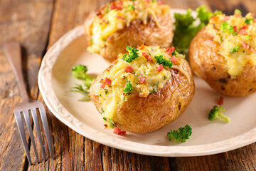 baked potato with cheese, cream and bacon